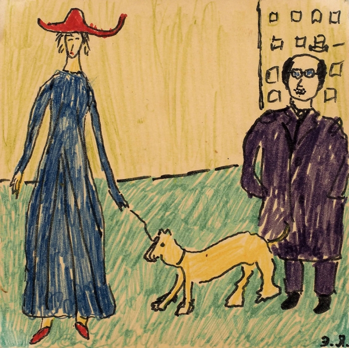 [Из архива семьи Бахчанян] Лимонов, Э. «Дама с собачкой». Оригинальный рисунок. [США, 1975-1980].