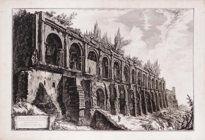 Пиранези Джованни Батиста (Giovanni Battista Piranesi) (1720–1778) «Руины виллы Мецената в Тиволи (Avanzi della Villa di Mecenate a Tivoli)». 1763. Бумага, резец, 52,8x76,5 см (лист).