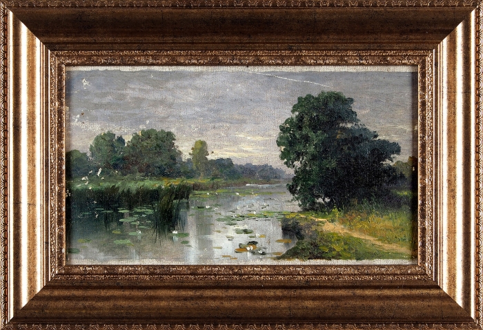 Волков Ефим Ефимович (1844–1920) «Летний пейзаж с речкой». 1890-е (1897?). Холст на картоне, масло, 18x30,7 см.