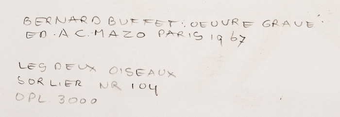 [Ключевая фигура мизерабилизма] Бюффе Бернар (Buffet Bernard) (1928–1999) «Две птицы (Les deux oiseaux)». 1967. Бумага, цветная литография, 32x23,3 см.