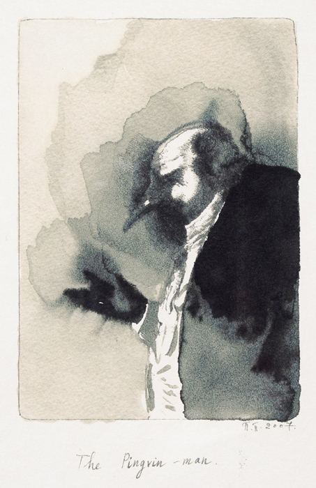 Пепперштейн Павел Викторович (род. 1966) «The Pingvin-man». Из проекта «Rembrandt». Пробный оттиск (в тираж не пошел). 2007. Бумага ручного литья, литография, 42x27,5 см (лист).