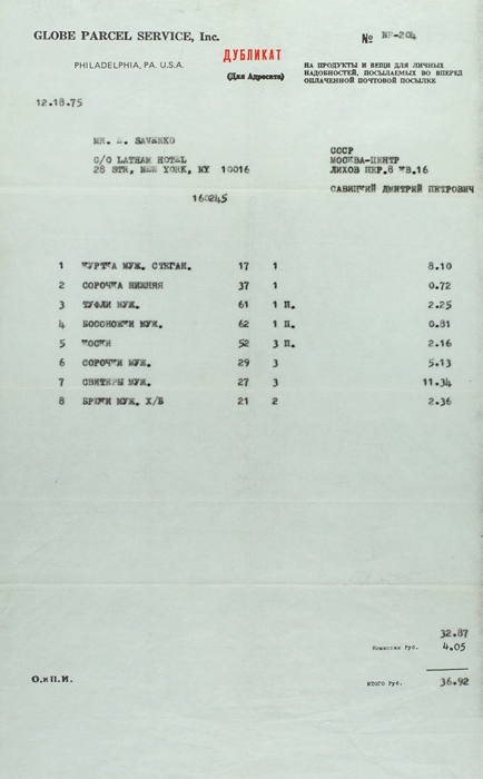 Дубликат списка мужских вещей Лимонова, пересылаемых в США. Нью-Йорк, 1975.