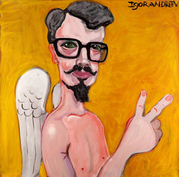 [Я ангел, святой, я сама добродетель] Андреев, И. Портрет Эдуарда Лимонова с ангельскими крыльями и с голым торсом. [2000-е гг.].