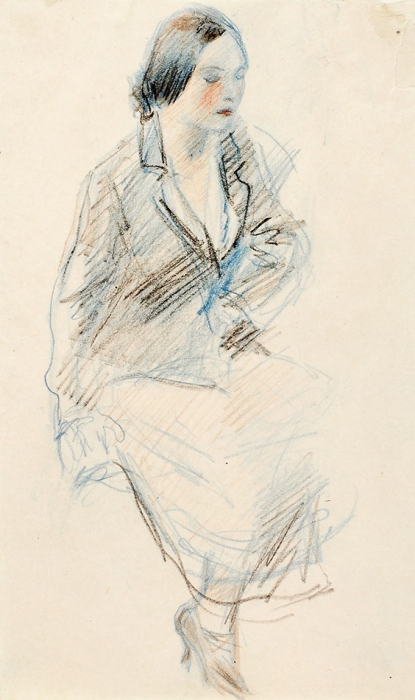 Рудаков Константин Иванович (1891–1949) Набросок портрета сидящей девушки. 1930-е. Бумага, цветные карандаши, 17,2x10,3 см.