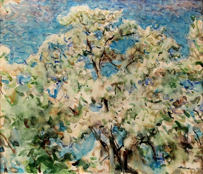 Невельштейн Самуил Григорьевич (1903–1983) «Цветущее дерево». 1943. Бумага, акварель, 37x43 см.