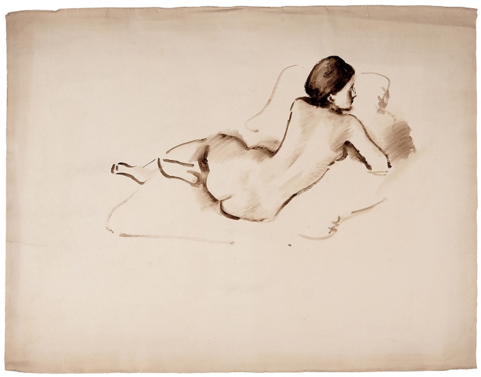 Тырса Николай Александрович (1887–1942) «Обнаженная, лежащая на одеяле». 1910-е. Бумага, сепия, кисть, 55x70,7 см.