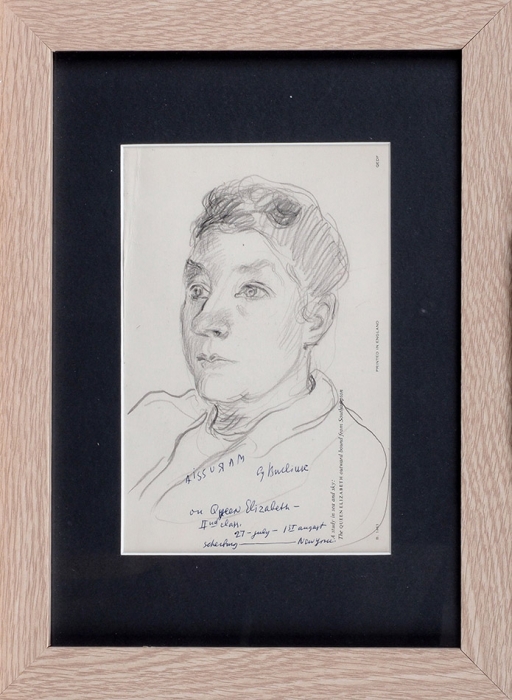 [Во время путешествия на лайнере «Queen Elizabeth»] Бурлюк Давид Давидович (1882–1967) «Портрет жены художника Маруси Бурлюк». 1960-е. Бумага (бланк лайнера «Queen Elizabeth»), карандаш, 13x20,5 см.