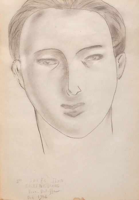 [«Это — голова, глаза, рот плюс то, что я о вас знаю...»] Матисс Анри (Henri Matisse) (1869–1954) «Портрет Ильи Эренбурга». 1946. Бумага, графитный карандаш, 40,5x28,7 см.