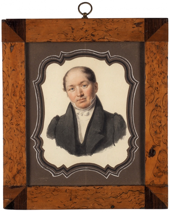 [Собрание коллекционера Ю.Г. Епатко] Неизвестный художник «Портрет мужчины во фраке». 1828. Бумага, акварель, 16,7x14,5 см (в свету).