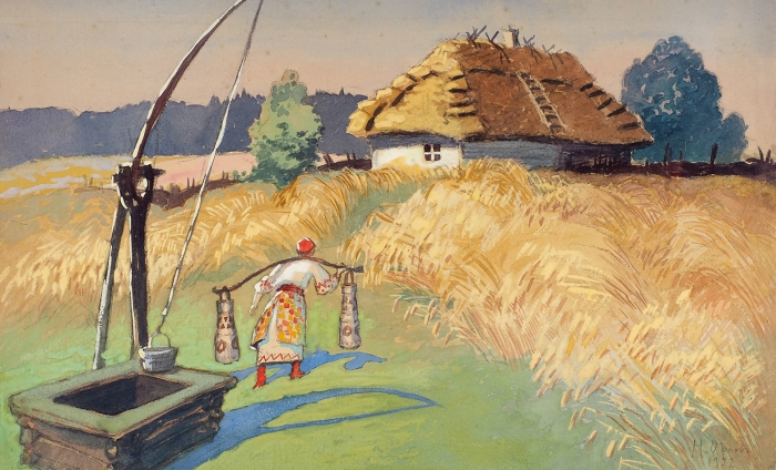 Орлов Николай Васильевич (1863–1924) «По воду». 1922. Бумага, акварель, белила, графитный карандаш, 24,6x39,7 см.