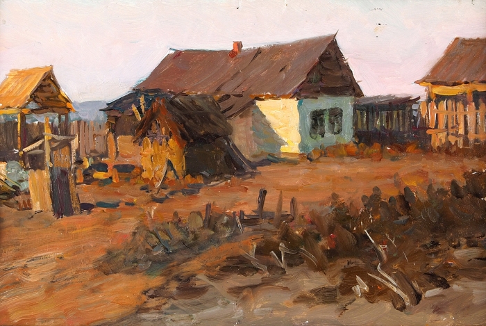 Аралов Владимир Николаевич (1893–1972) «Деревенский пейзаж». 1949. Картон, масло, 21,5x33,5 см.