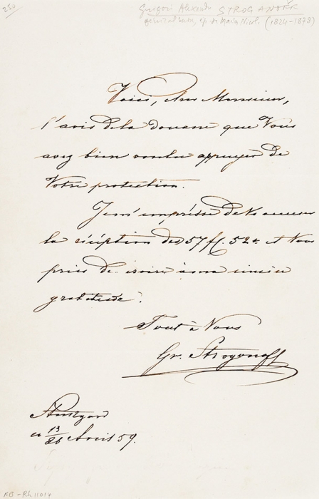 Письмо графа Гр. Строганова. [На фр. яз.] Дат. 13/26 апреля 1859 г.