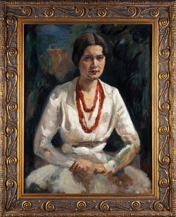 Милиоти (Миллиоти) Николай Дмитриевич (1874–1962) «Портрет женщины с красными бусами». 1933. Картон, масло, 83,4x62,9 см.