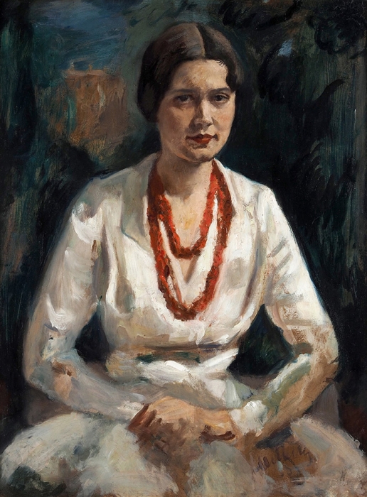 Милиоти (Миллиоти) Николай Дмитриевич (1874–1962) «Портрет женщины с красными бусами». 1933. Картон, масло, 83,4x62,9 см.