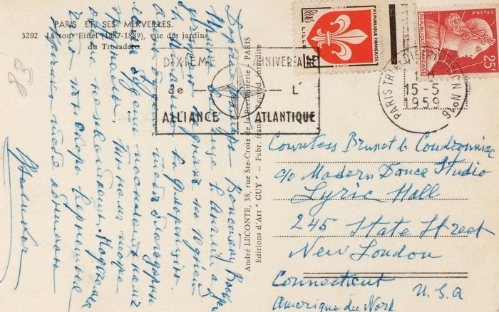 Письмо Князя Феликса Юсупова на почтовой карточке. Париж; Нью-Лондон, 1959.